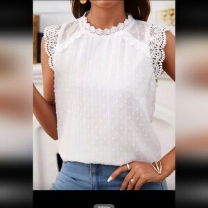 Shein Sheer White Swiss Dot and Lace Short Sleeve Shirt Size Large